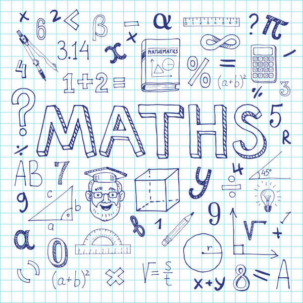 Bild vergrößern: Maths hand drawn vector illustration with doodle mathematical formulas, numbers and objects, isolated on exercise book sheet
